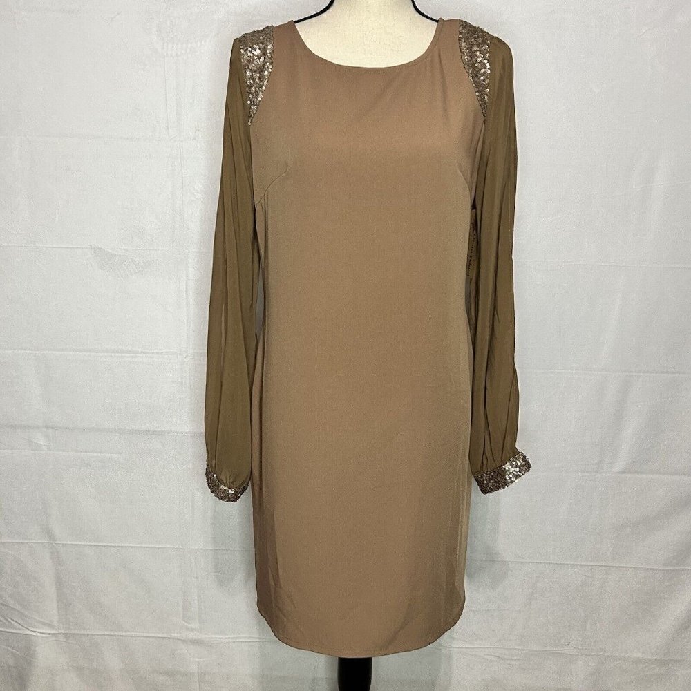 NWT Lizard Thicket Jay Brown/Champagne Sequined Dress Open Slit Sleeves Size M